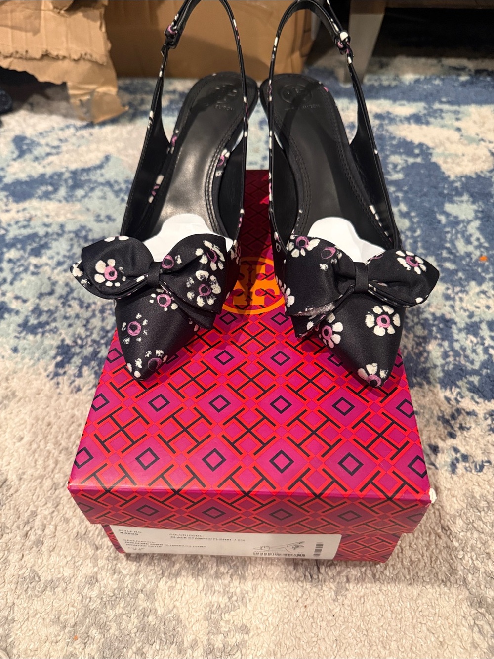 Tory Burch Black Floral Bow Pointed-Toe Slingback Heels size 9.5 brand new